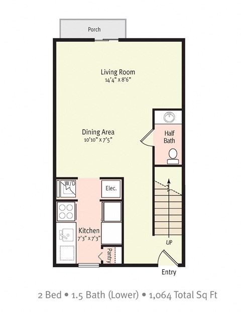Floor plan for 2 beds, 1.5 baths, 1064 sqft